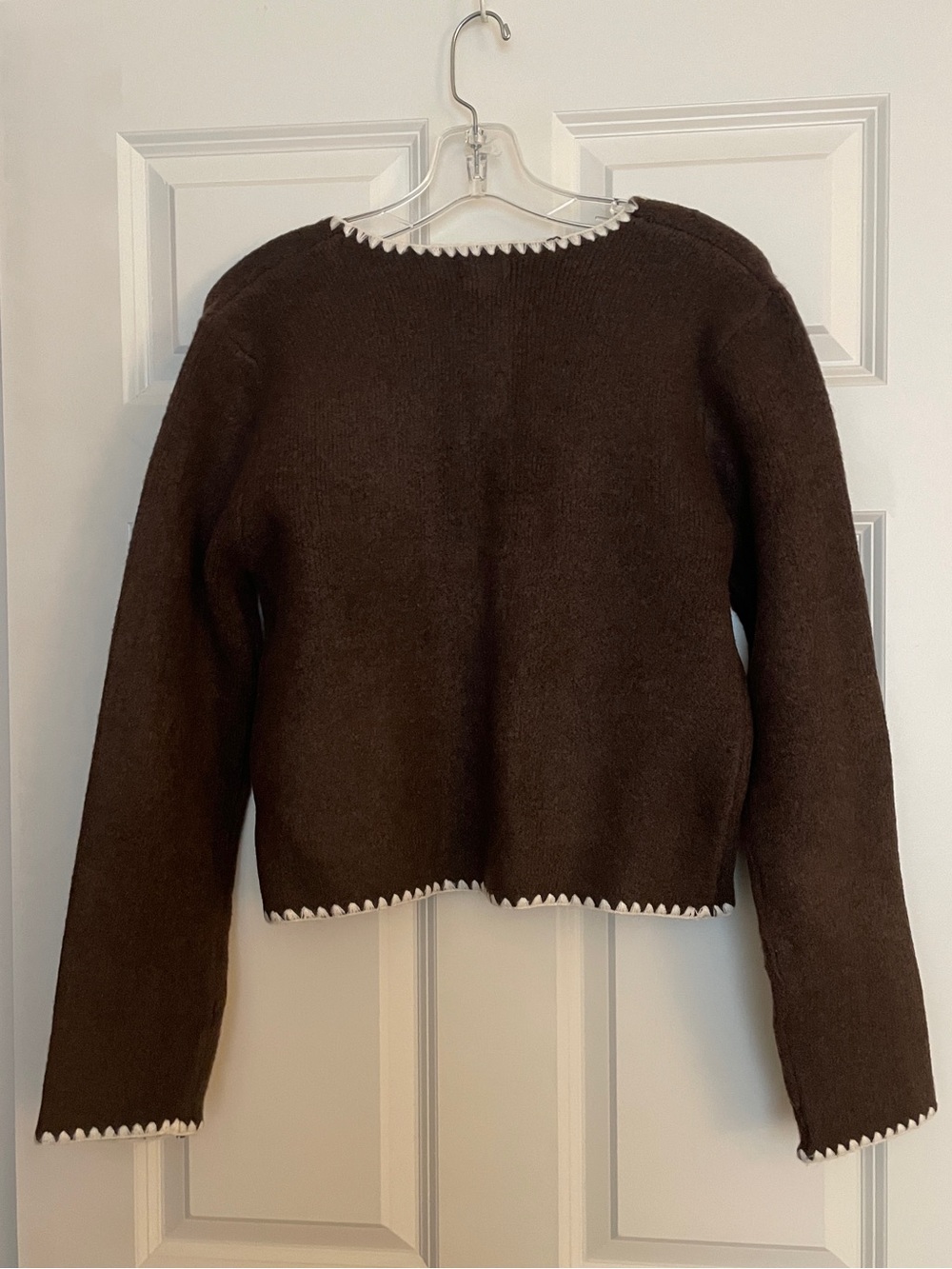 Brown Women's Button-Front Cardigan Sweater with Contrast Trim - Picture 2 of 2